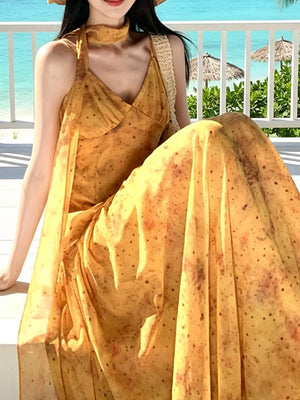 Yellow midi dress with midi and pullover