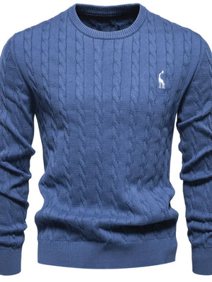 Dusty Blue cable knit crewneck sweater with white embroidered giraffe detail.