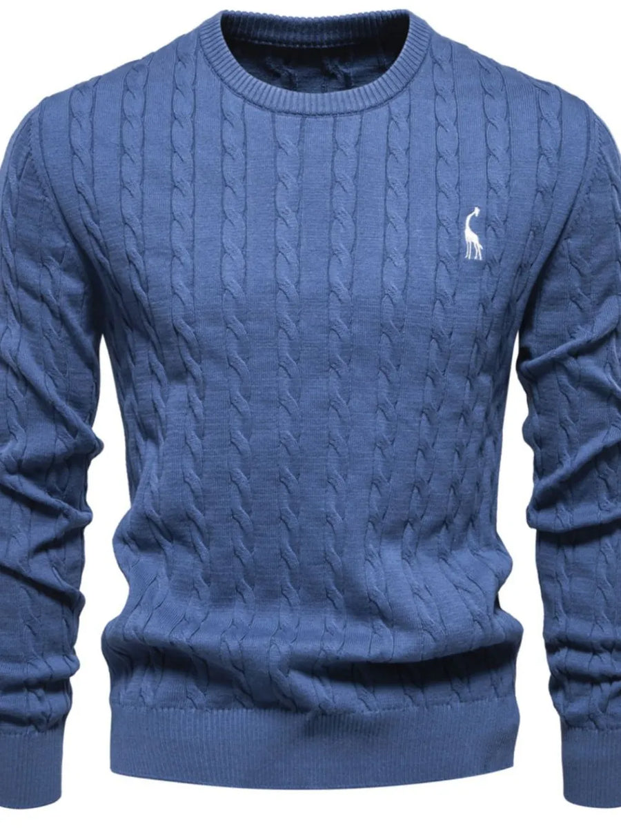 Dusty Blue cable knit crewneck sweater with white embroidered giraffe detail.