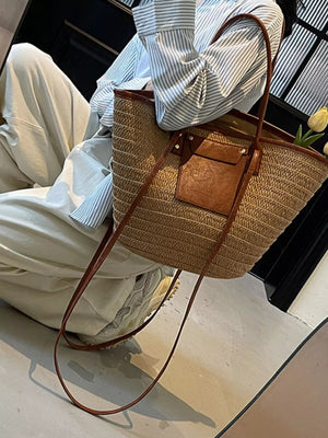 Khaki with Straw Woven Shoulder Bag With Leather Accents