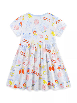 Toddler white cotton a-line dress with playful summer print of sunglasses, ice cream, and scooters.