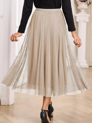 Lace overlay flared midi skirt in beige with a sheer hem.