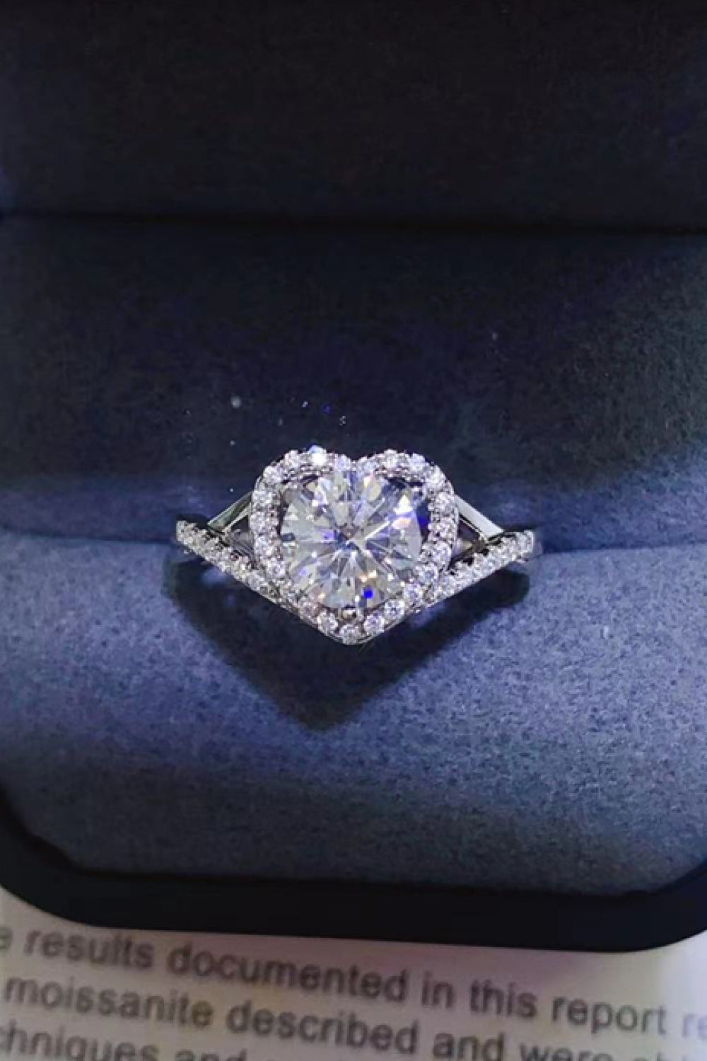 Heart halo moissanite engagement ring in silver with pave diamond band