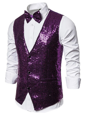 Purple sequin men's vest with double-breasted closure and matching bow tie.