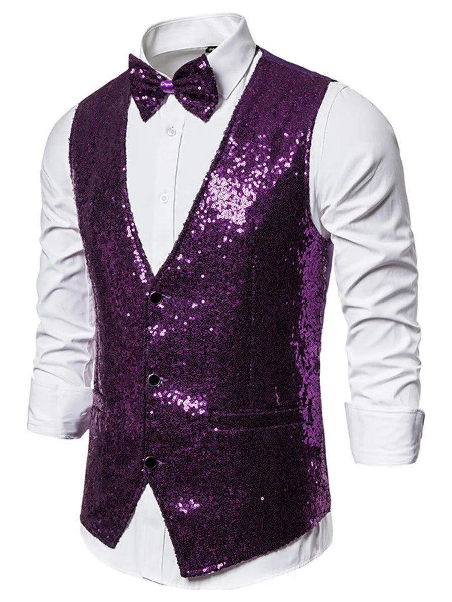 Purple sequin men's vest with double-breasted closure and matching bow tie.