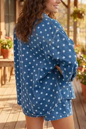 Dusty Blue with Polka Dot Long Sleeve Collar Shift Tunic Denim Jacket in Dusty Blue