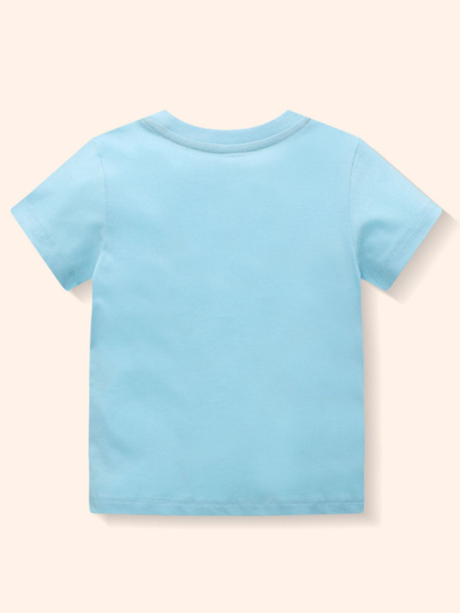 Toddler crew neck t-shirt in pastel blue with short sleeves.