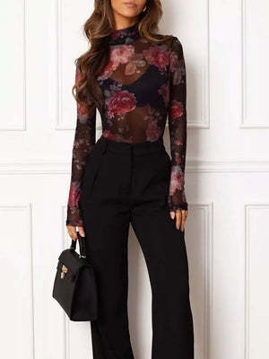blouse in Leopard with floral and sheer