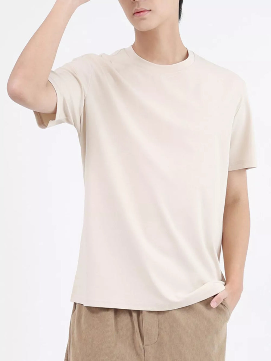 Men's apricot cotton crew neck t-shirt with short sleeves.
