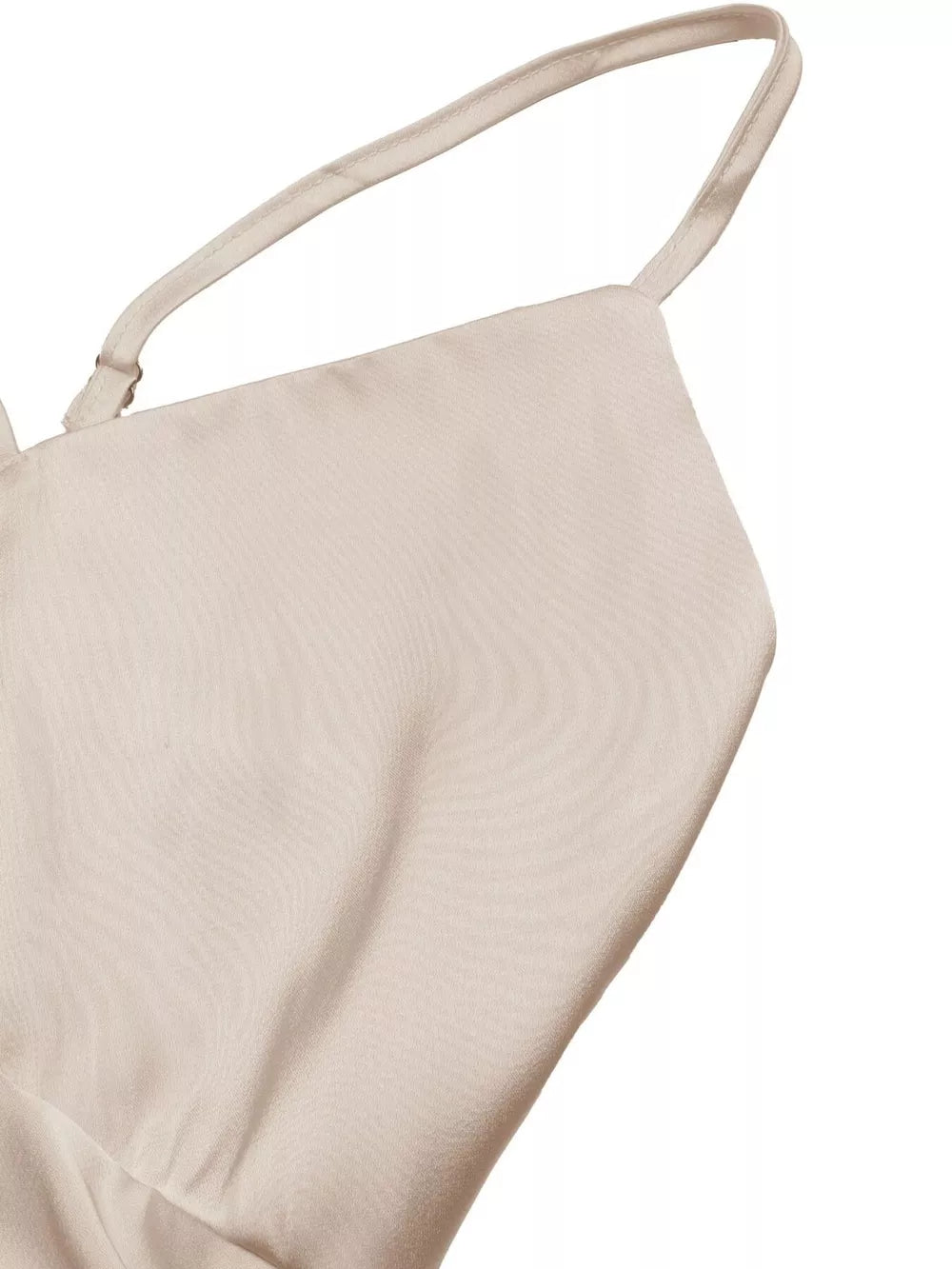 Lustrous V-neck maxi dress with spaghetti straps in a light neutral color.