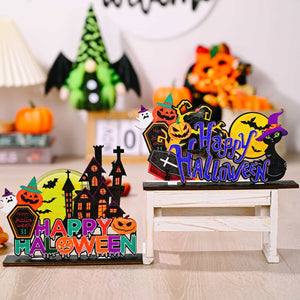 Spooky Scene Halloween Tabletop Duo with haunted houses, pumpkins, ghosts, and black cat.