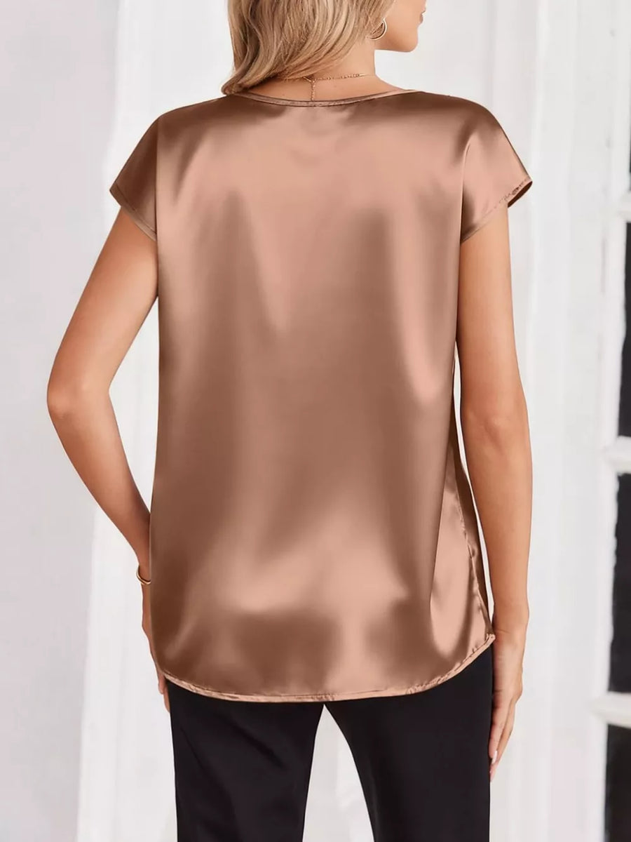 Champagne satin V-neck blouse with short sleeves and a relaxed fit.