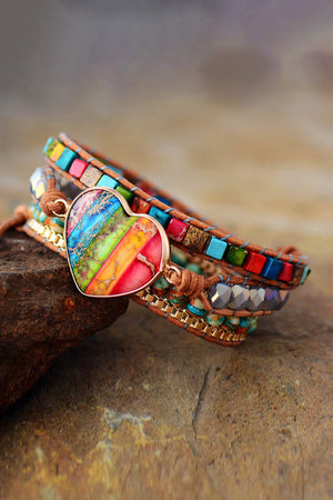 Multicolor heart stone wrap bracelet with beads and leather cords.