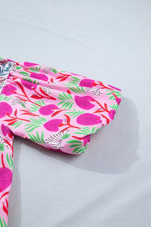Floral Print Short Sleeve Tassel Tie Blouse in Fuchsia Pink, view 13