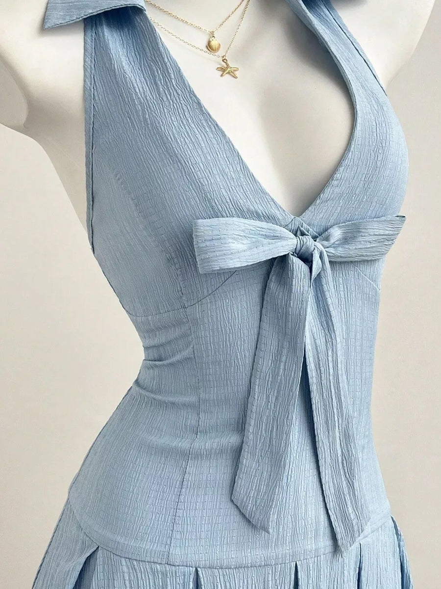 Halter Neck Bow Tie Pleated Mini Dress option 4