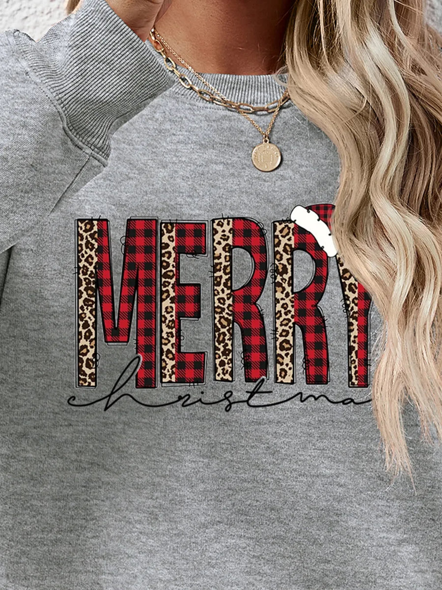 Grey sweatshirt with "Merry Christmas" graphic in buffalo plaid and leopard print