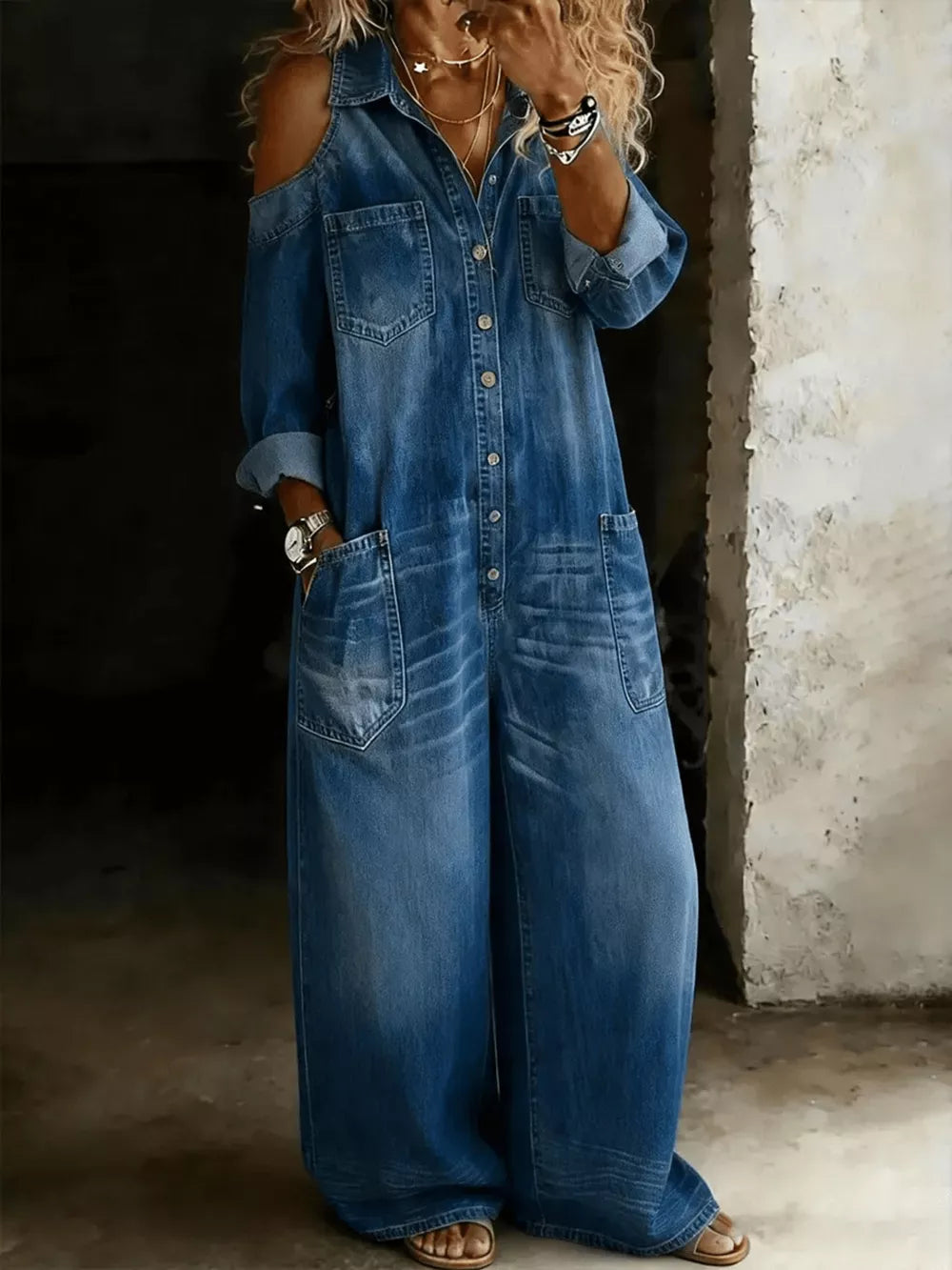 jumpsuit in medium blue featuring buttoned and relaxed fit