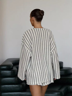 lounge set in black with striped and tied front