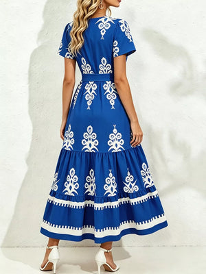 Printed Surplice Short Sleeve Dress in Blue, view 12