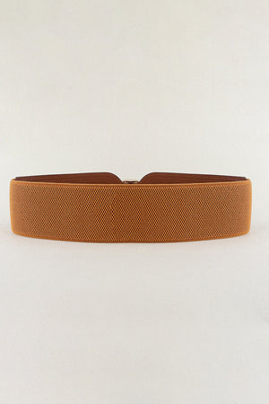 Caramel elasticated waist belt with textured fabric and alloy buckle detail