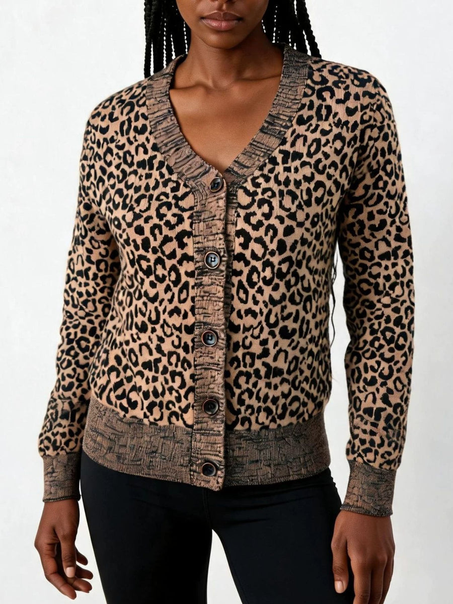 black cardigan featuring buttoned and leopard