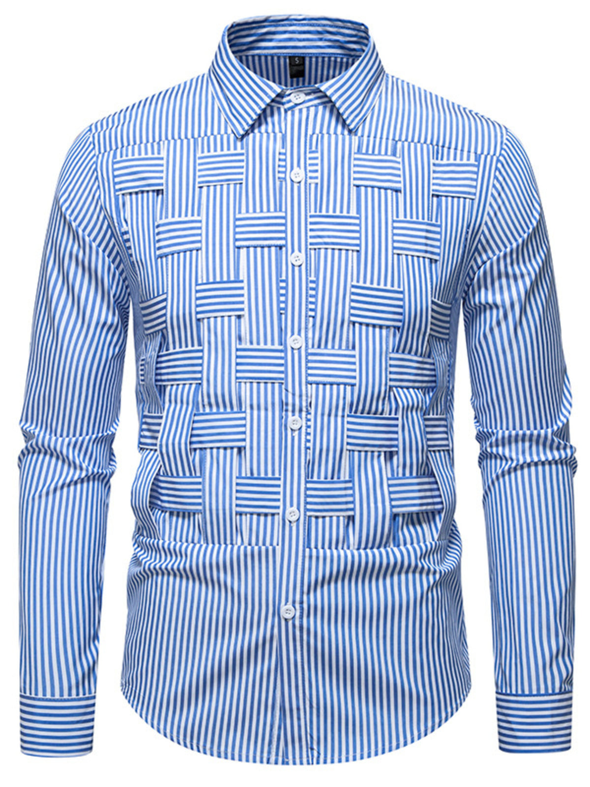 Blue striped woven button-down long sleeve shirt with a unique textured weave detail.
