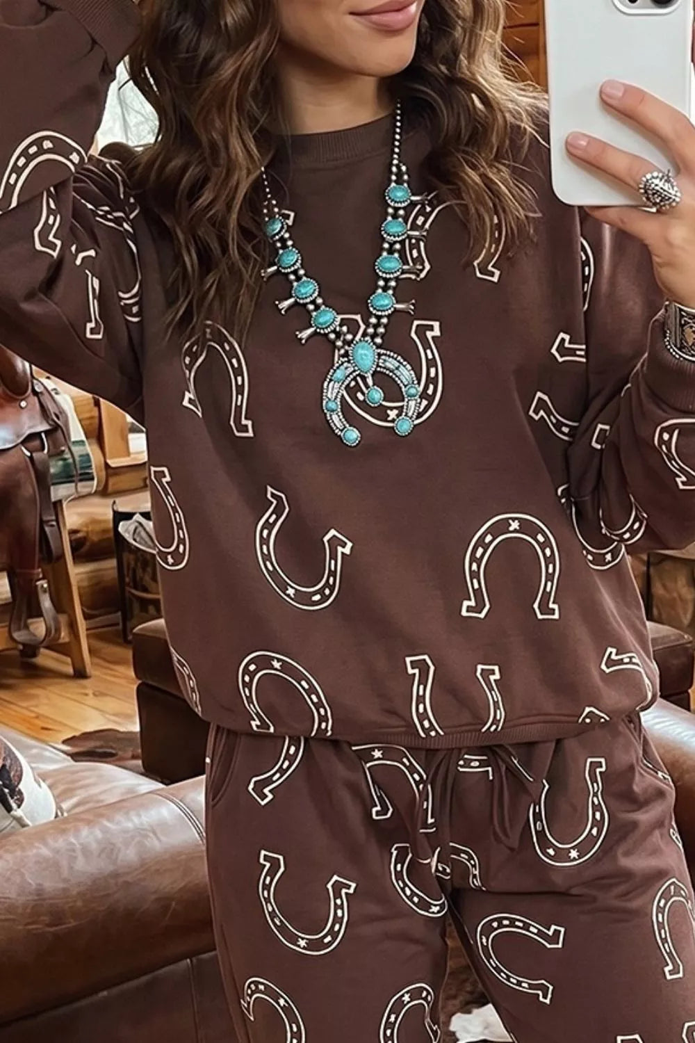 Coffee Brown, Western Print Elastic Waist Pocket Pant Set in Coffee Brown
