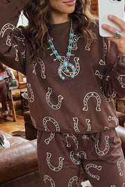 Coffee Brown, Western Print Elastic Waist Pocket Pant Set in Coffee Brown