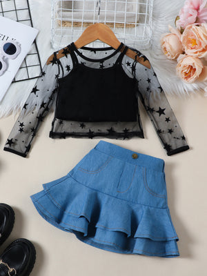 Toddler black star print mesh cami set with ruffled denim skirt