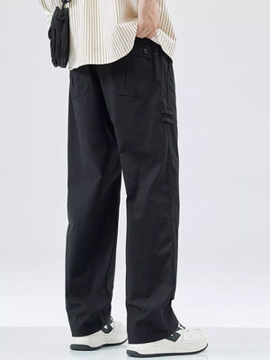 Black casual loose fit straight leg trousers with cargo pockets and button details.