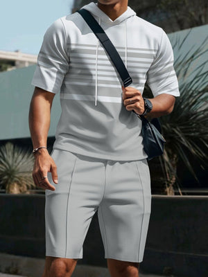 Men's Striped Short Sleeve Hoodie And Shorts Set in Black