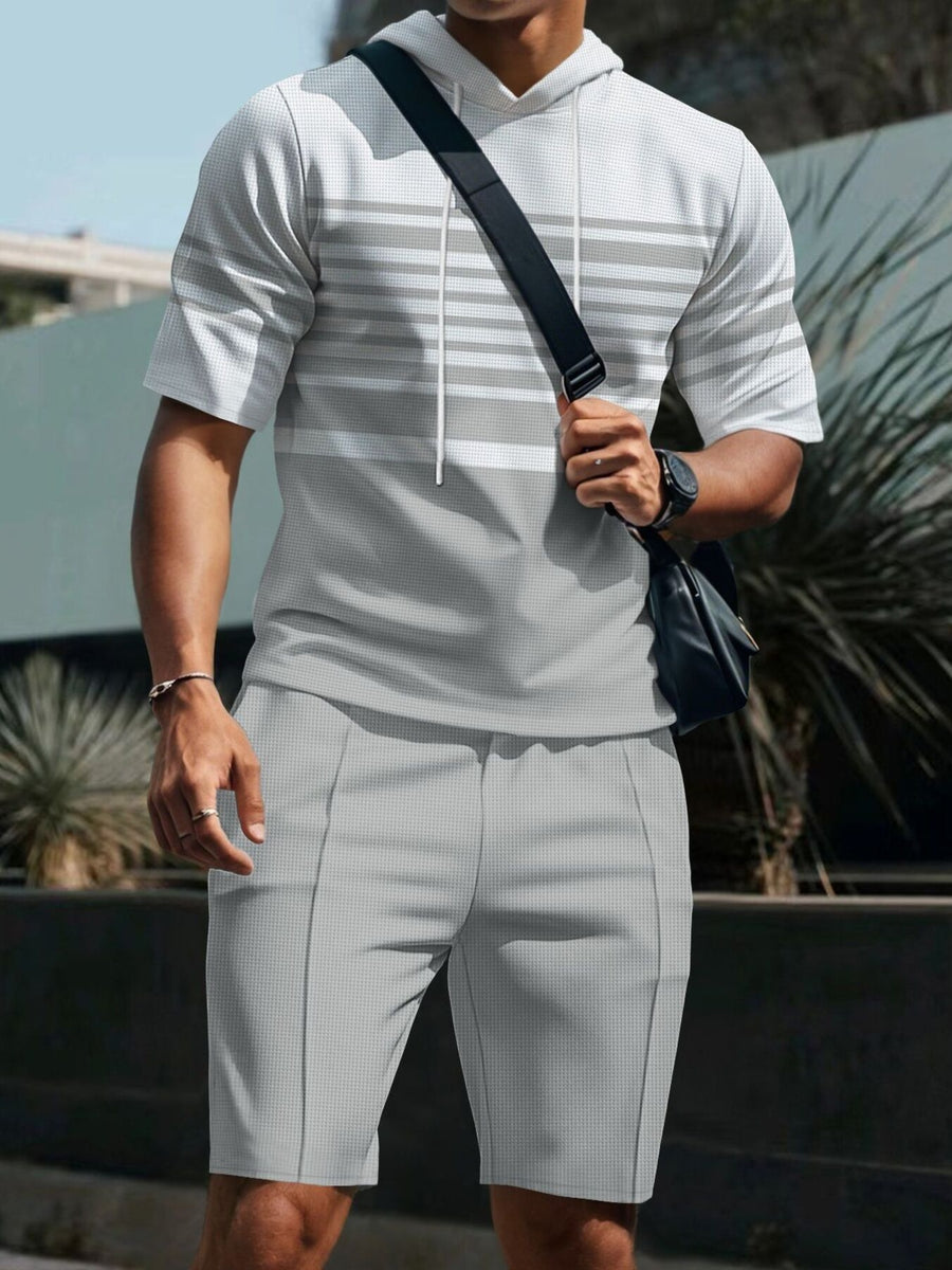 Men's Striped Short Sleeve Hoodie And Shorts Set in Black