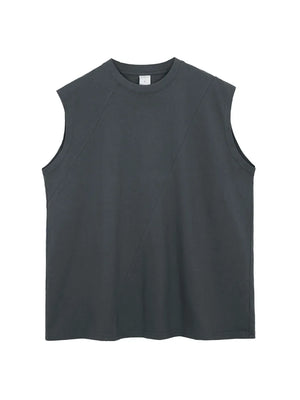 Dark gray sleeveless top with asymmetric panel detail and crew neck.
