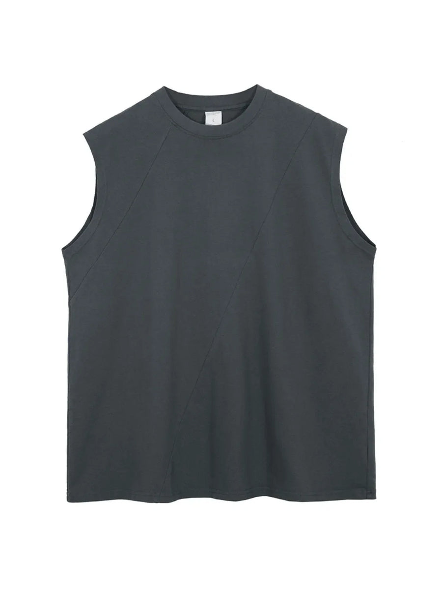 Dark gray sleeveless top with asymmetric panel detail and crew neck.