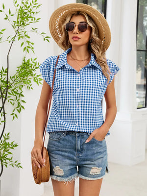 Brown with Plaid Button Up Cap Sleeve Shirt