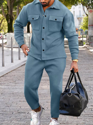 lounge set in dusty blue featuring pocketed and relaxed fit