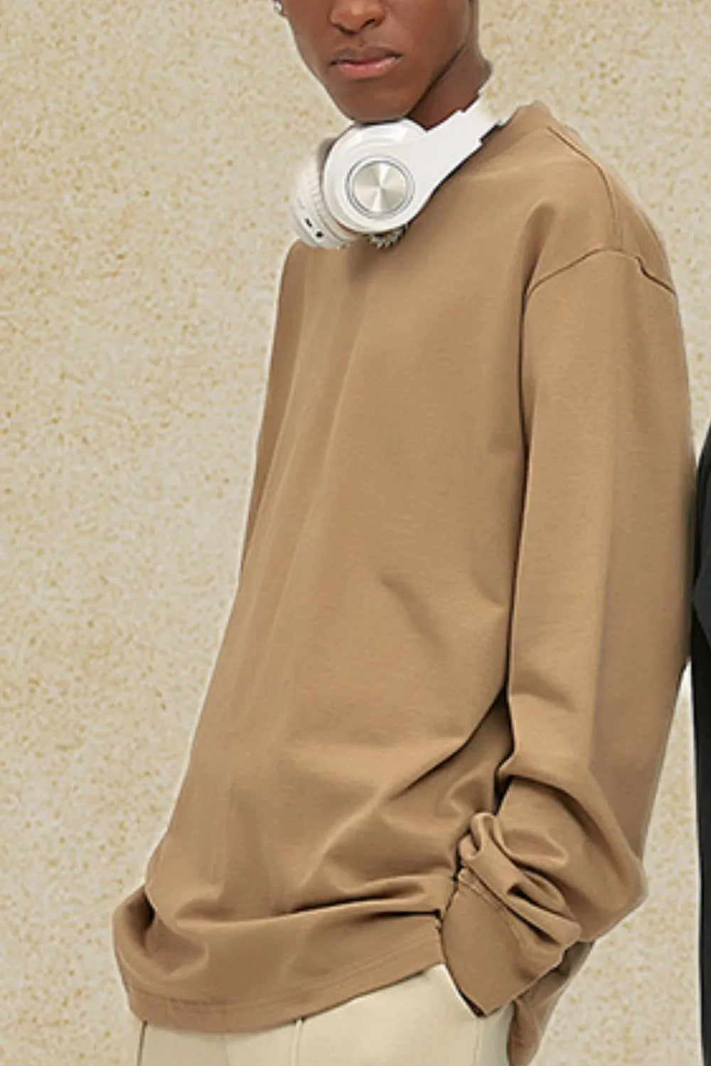Oversized crewneck long sleeve tee in Khaki with a relaxed fit.