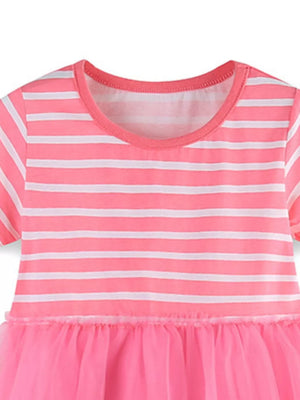 Pink and white striped cotton blend baby dress with a bright pink tulle skirt.