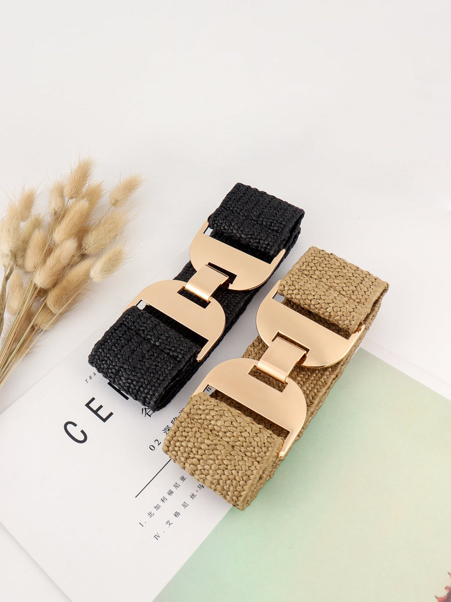 Textured raffia belts in black and khaki with gold-tone buckle details.