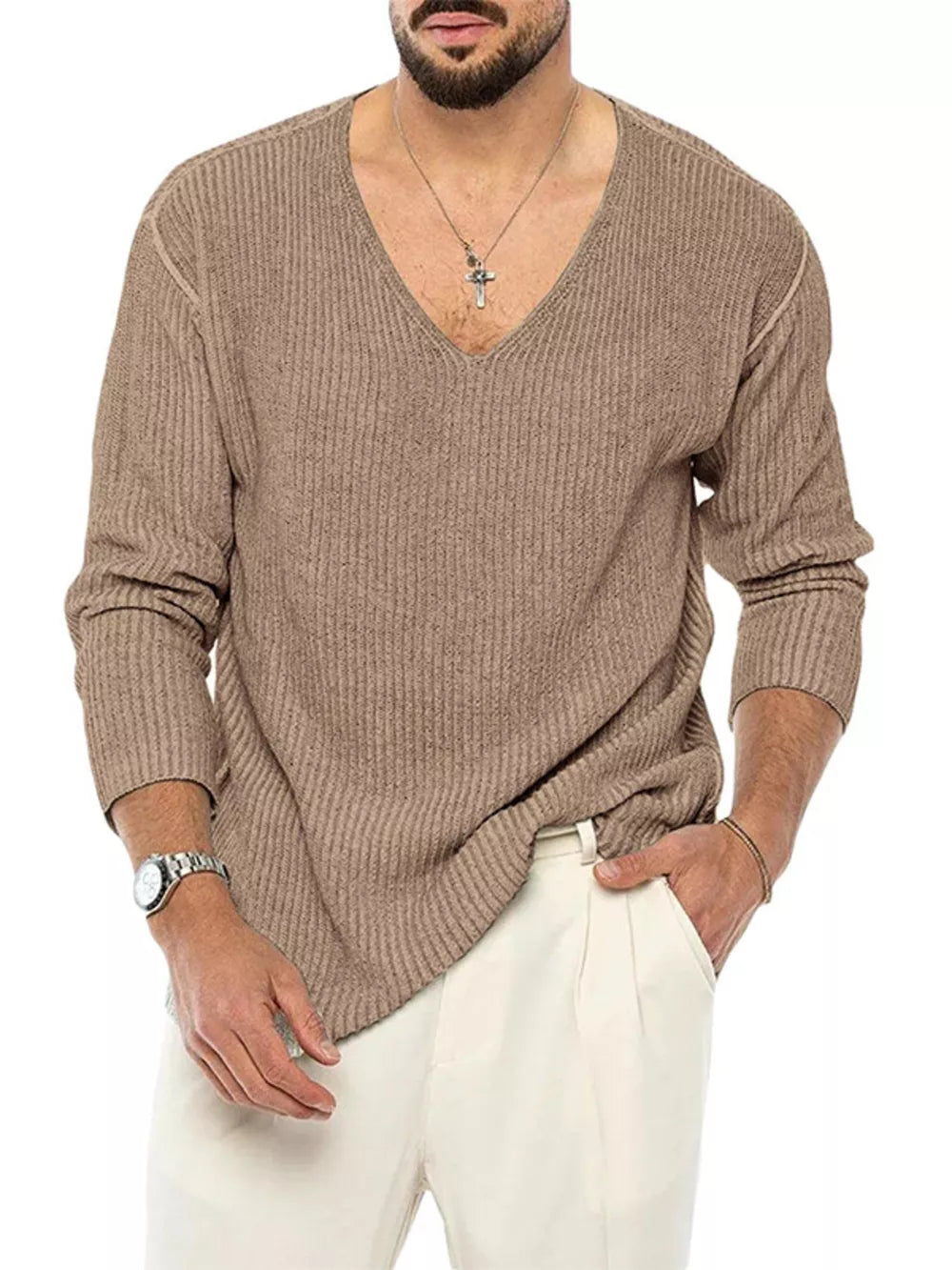 v-neck sweater in mauve pink with ribbed and ribbed