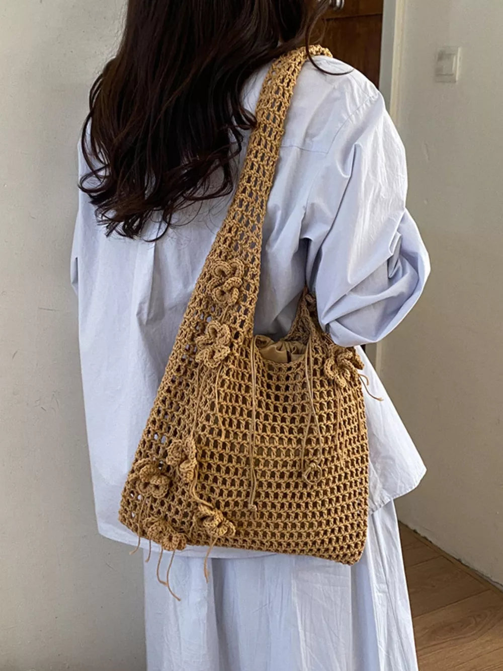 handbag in Khaki with floral and crochet construction