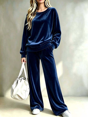 Velvet Dropped Shoulder Top & Wide-Leg Pants Set Plus Size in Navy with pocketed