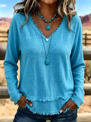 V-neck Long Sleeve Blouse With Frayed Hem in Dark Blue with raw hem