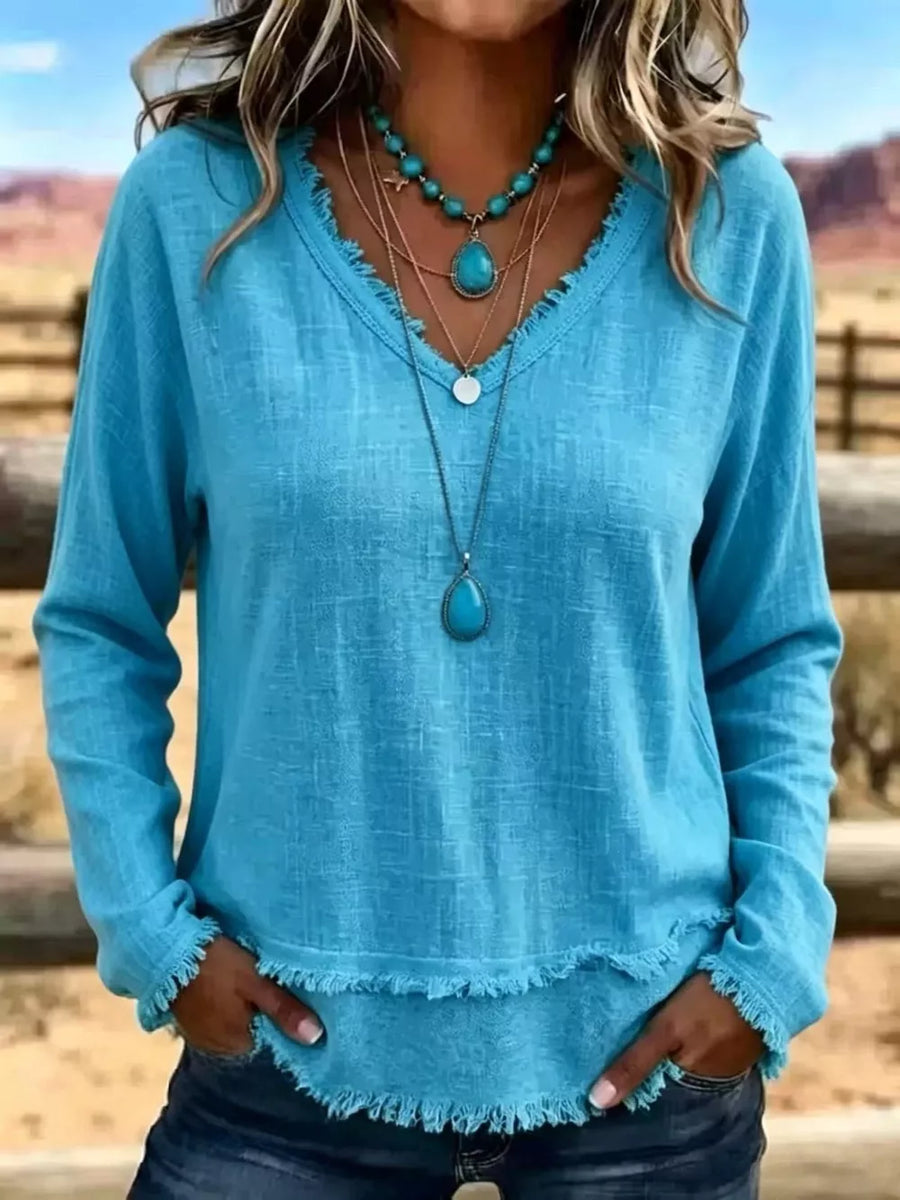 V-neck Long Sleeve Blouse With Frayed Hem in Dark Blue with raw hem