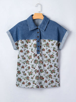 Denim patchwork floral print button-down blouse with cuffed short sleeves.