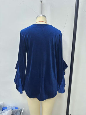 Velvet Round Neck Ruffle Sleeve Top in Black with ruffled