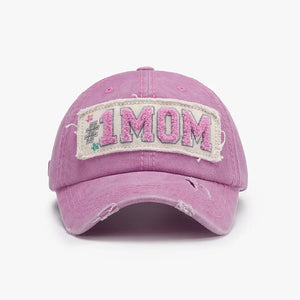 Blush Pink distressed baseball cap with #1 MOM patch