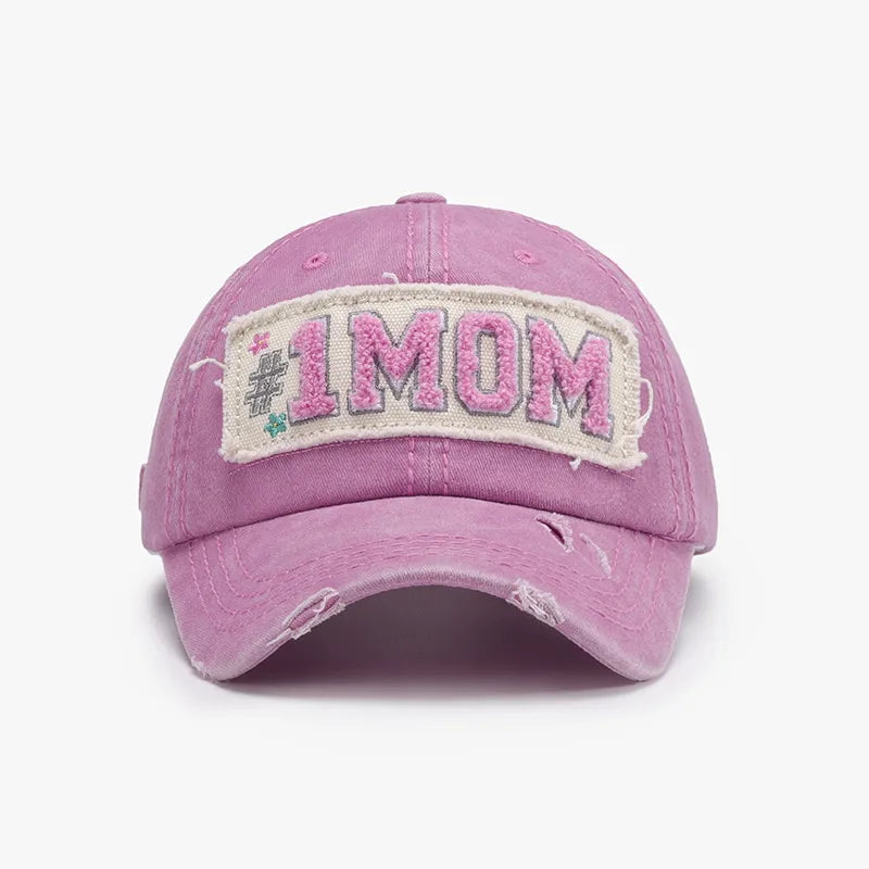 Blush Pink distressed baseball cap with #1 MOM patch