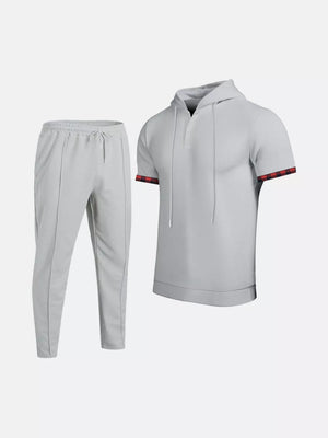 Khaki with Men's Casual Short-sleeve Hoodie And Pants Set