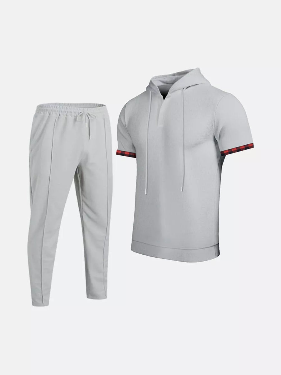 Khaki with Men's Casual Short-sleeve Hoodie And Pants Set